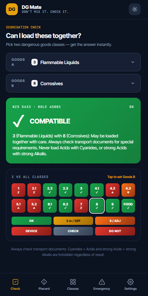 DGMate showing a segregation check: Class 3 Flammable Liquids with Class 8 Corrosives is compatible