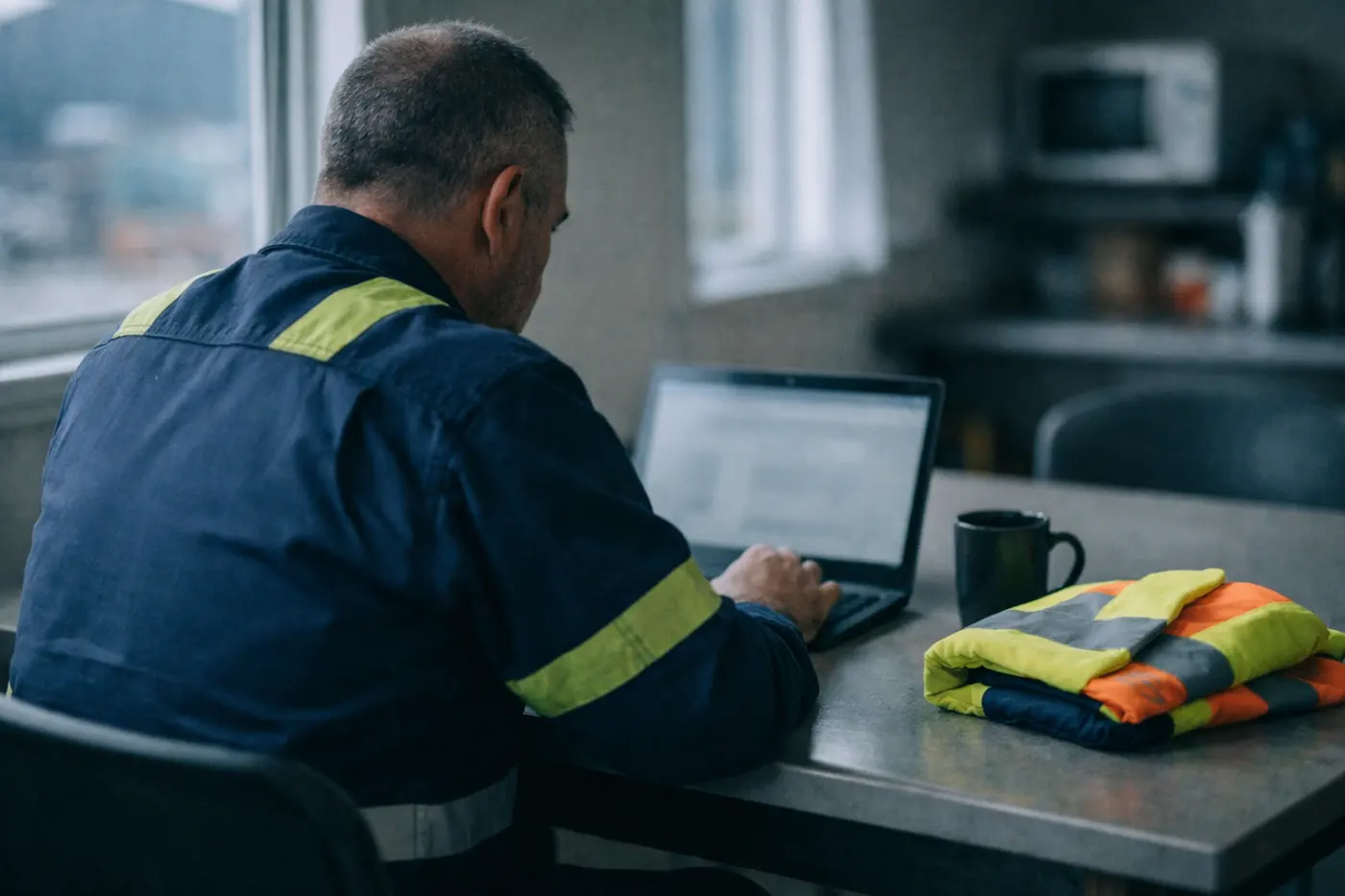 Transport worker completing an online course on a laptop in a depot break room