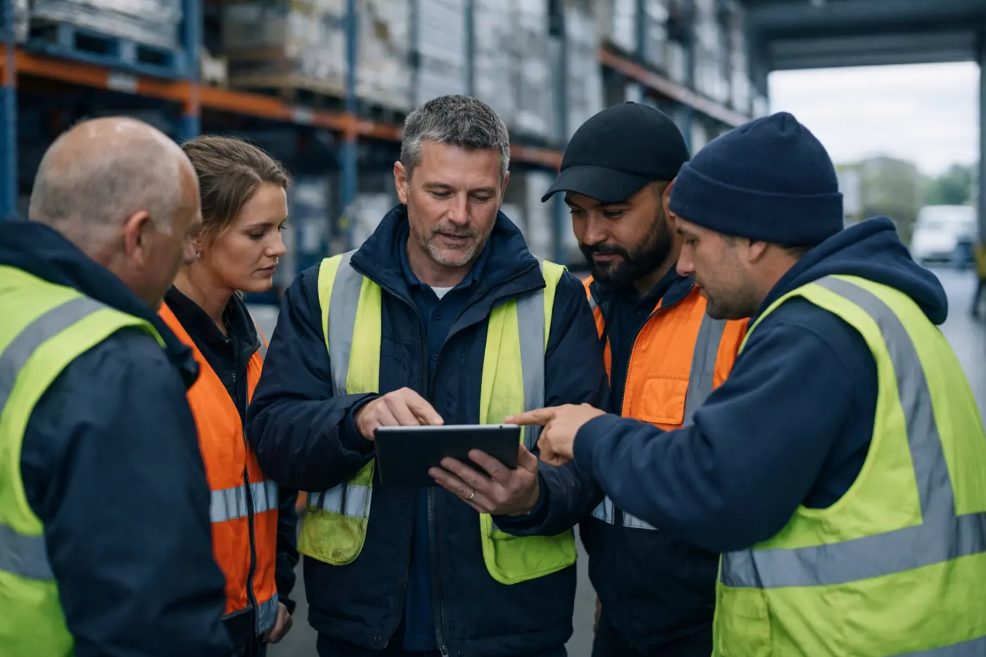 Trainer showing a group of warehouse workers a lesson on a tablet